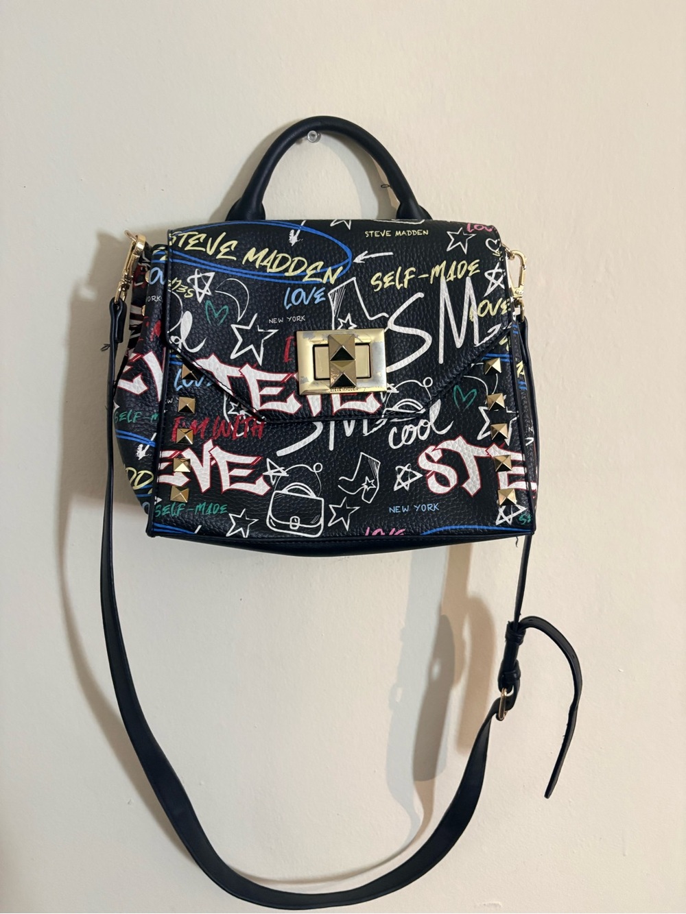 Steve Madden Black Graffiti Satchel with Multi-Color Accents